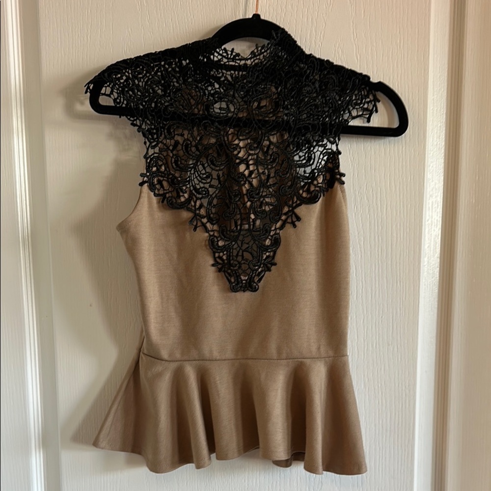 Auditions Tan Peplum Blouse with Black Lace Crochet Mock Neck - Size L